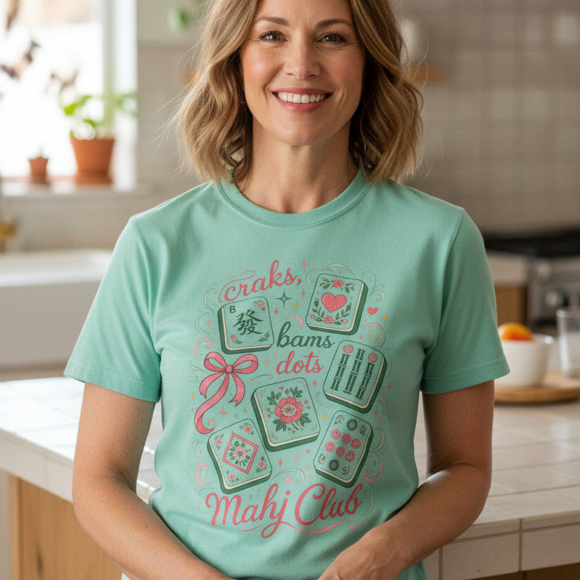 Mahjong Club T-Shirt — Cute Mahjong Tiles Graphic Tee (Crak! Bams Dots)