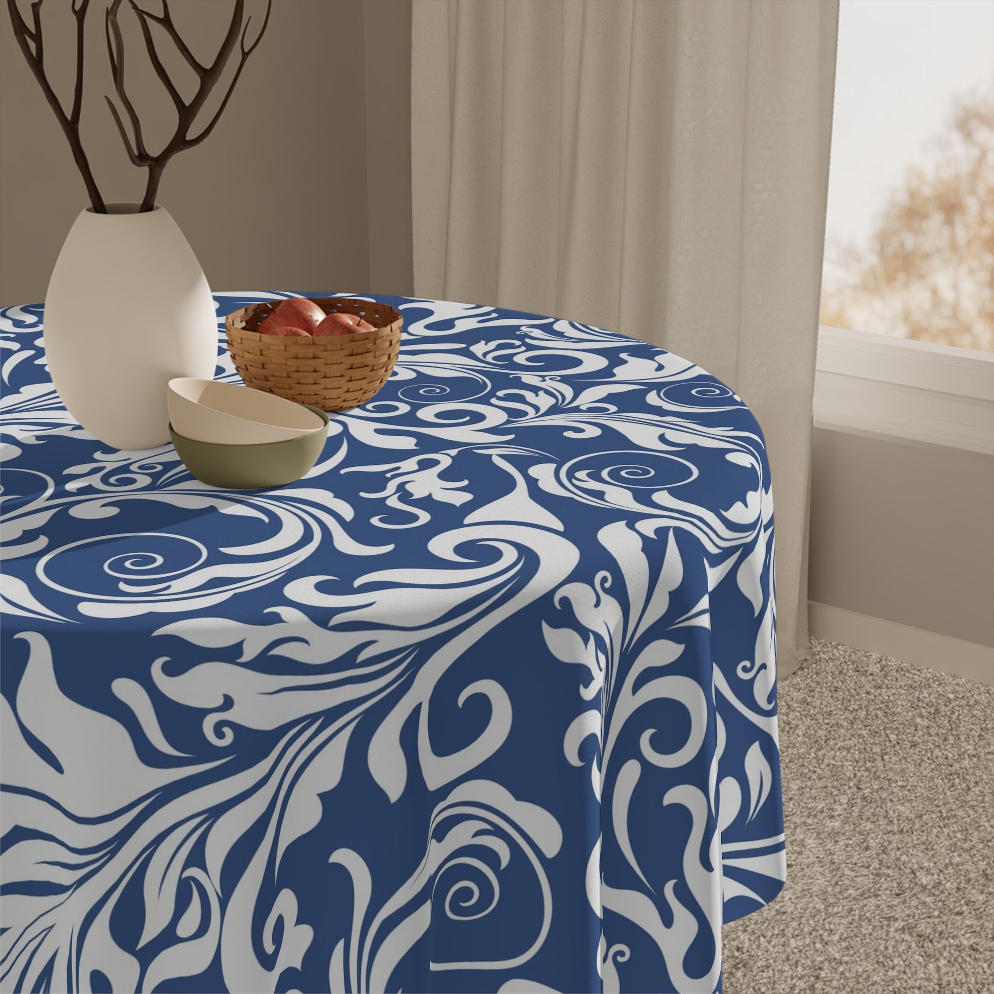 Blue Floral Scroll Tablecloth — Elegant Damask Table Cover for Dining & Entertaining - Splash of Color Co.