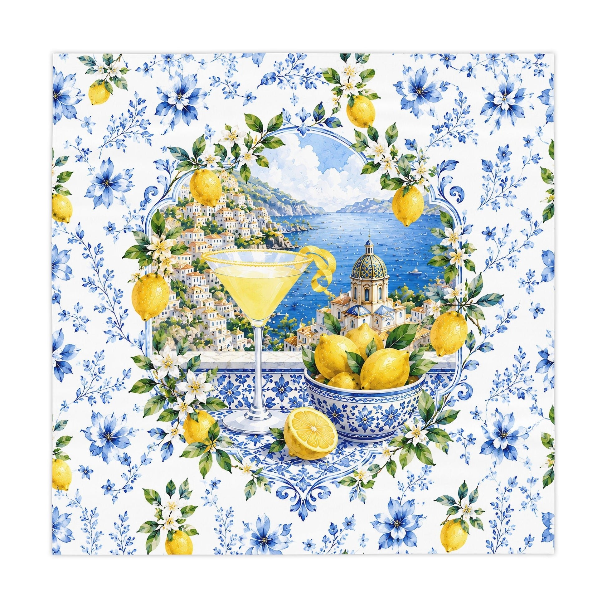 Lemondrops On The Amalfi Coast Tablecloth — Mediterranean Lemon & Blue Floral Table Linen - Splash Of Mahj And Color Co.