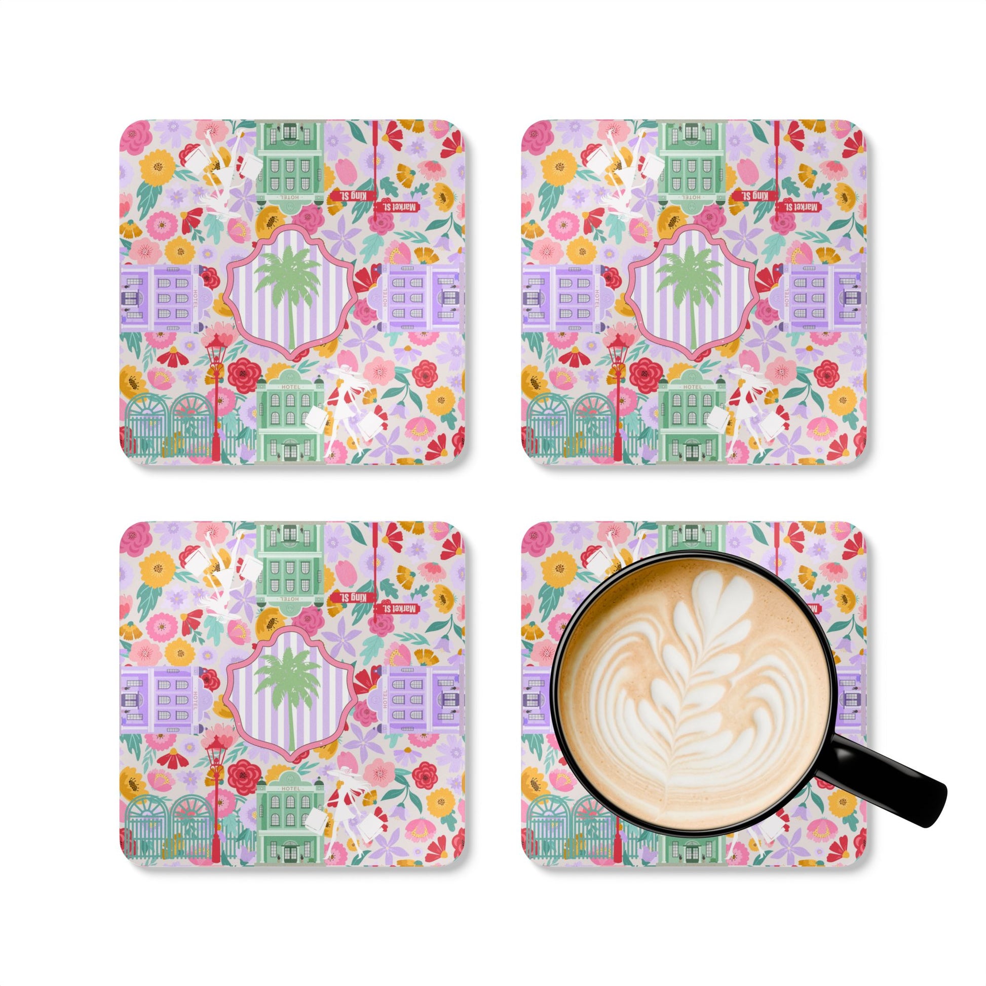 Charleston South Carolina Floral Palm Cork Coaster Set - Splash of Color Co.