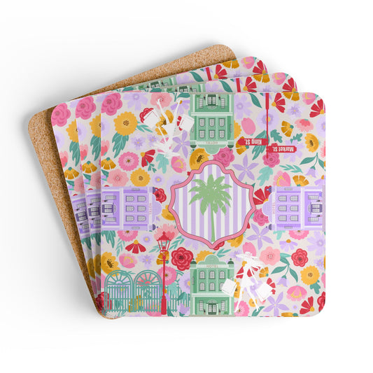 Charleston South Carolina Floral Palm Cork Coaster Set - Splash of Color Co.
