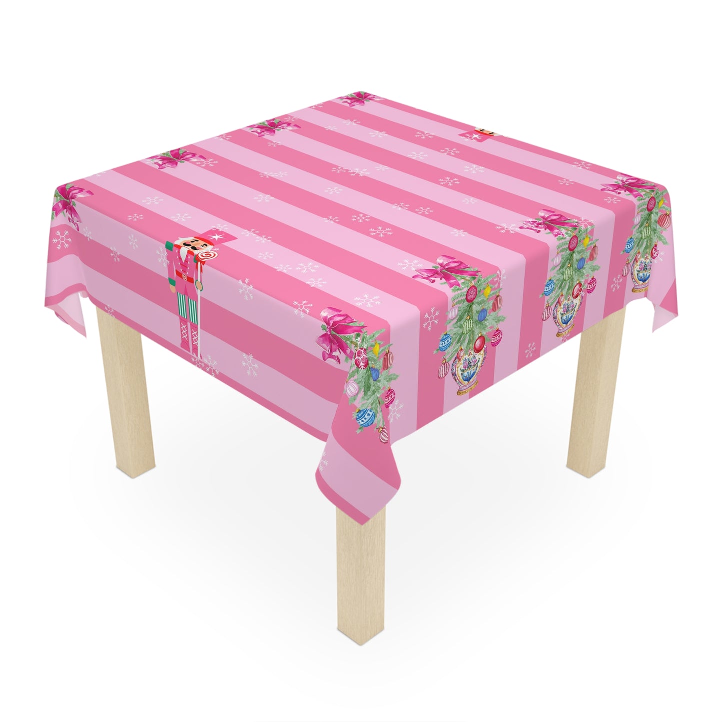 Whimsical Nutracker Chinoiserie Christmas Trees, Pink Striped Tablecloth - Splash of Color Co.