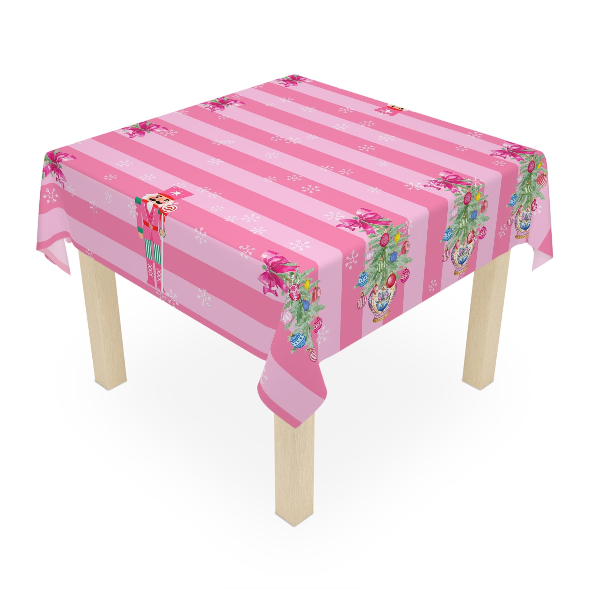 Whimsical Nutracker Chinoiserie Christmas Trees, Pink Striped Tablecloth - Splash of Color Co.