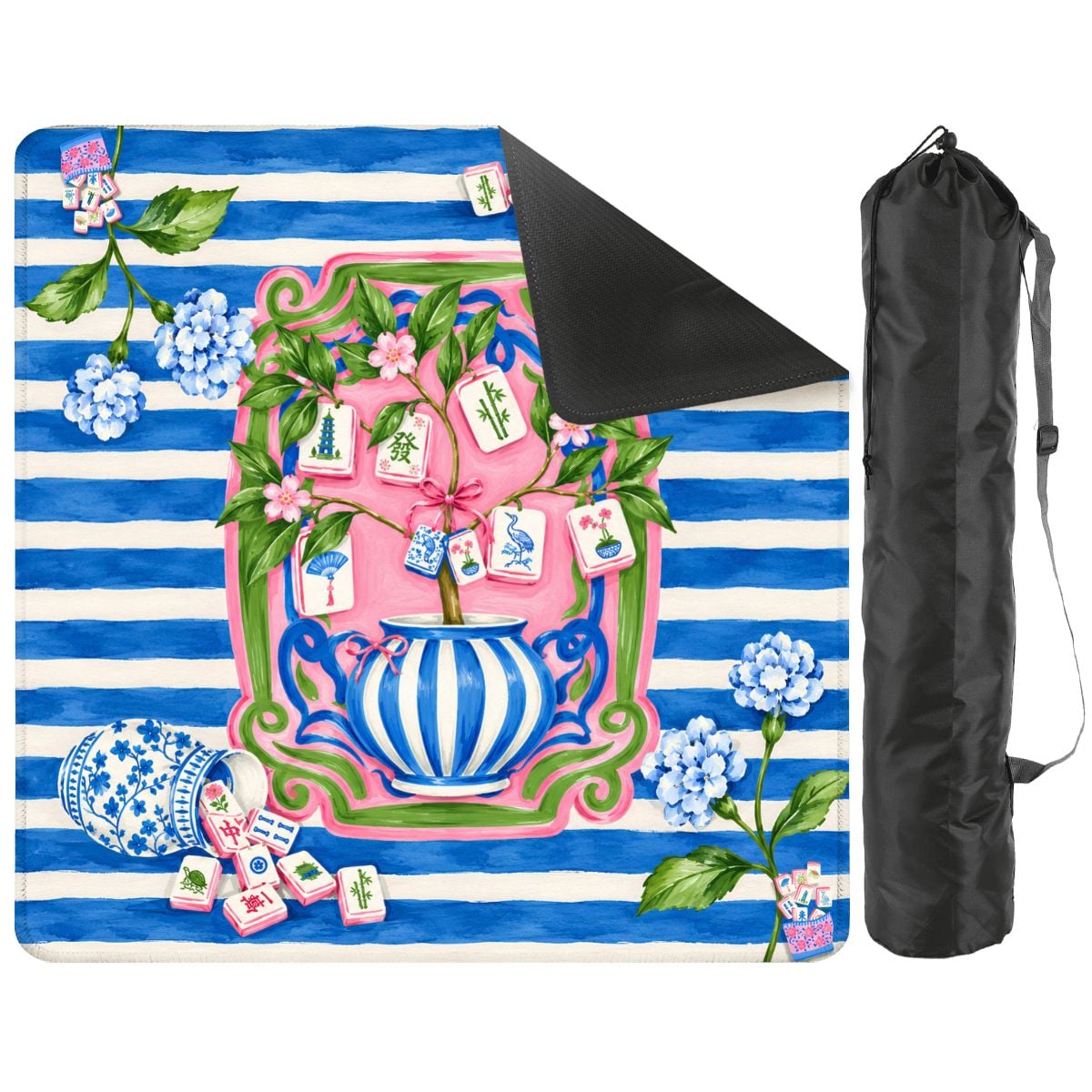 Preppy Petal Chinoiserie Blue And Pink Mahjong Mat