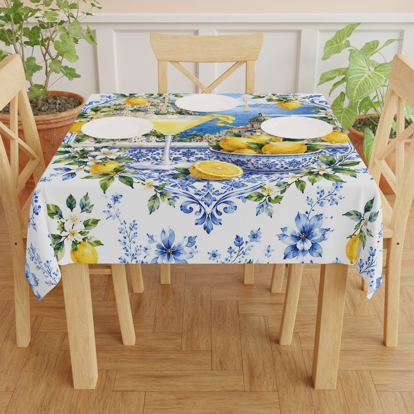 Lemondrops On The Amalfi Coast Tablecloth — Mediterranean Lemon & Blue Floral Table Linen - Splash Of Mahj And Color Co.