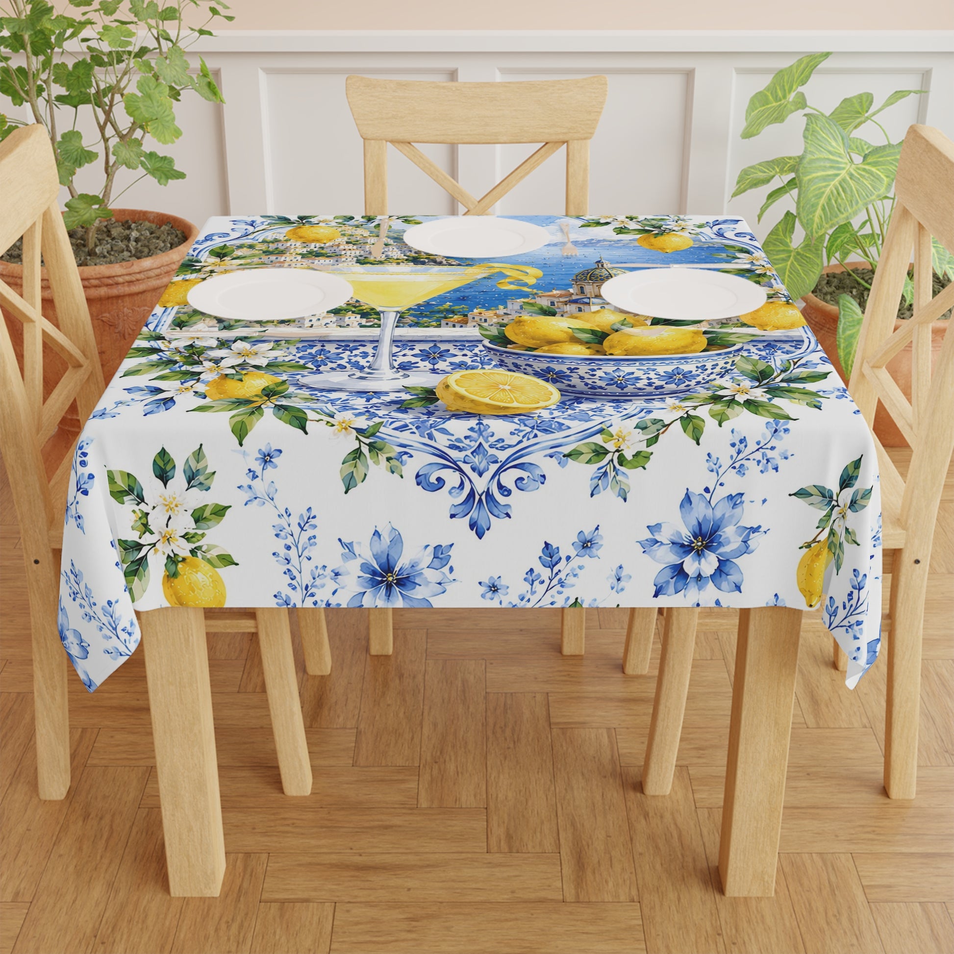 Lemondrops On The Amalfi Coast Tablecloth — Mediterranean Lemon & Blue Floral Table Linen - Splash Of Mahj And Color Co.