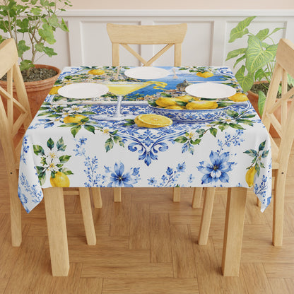 Lemondrops On The Amalfi Coast Tablecloth — Mediterranean Lemon & Blue Floral Table Linen - Splash Of Mahj And Color Co.