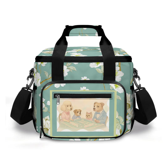 Whimsical Dogs Playing Mahjong Floral Asian Designed Cooler Bag For Game Nights Or Pool Side