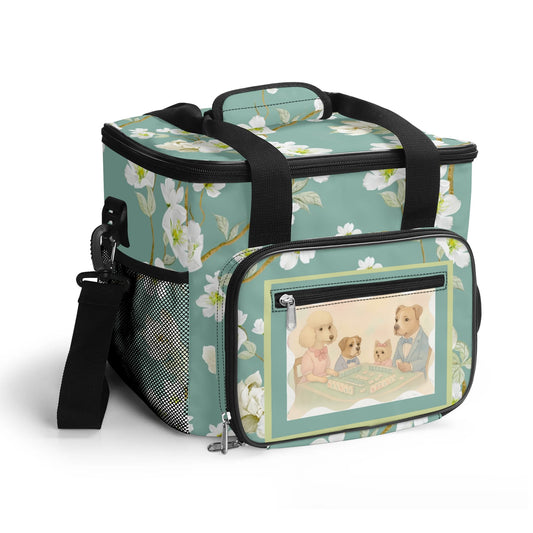 Whimsical Dogs Playing Mahjong Floral Asian Designed Cooler Bag For Game Nights Or Pool Side