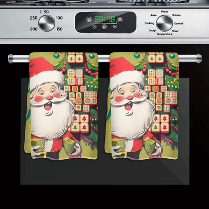 Festive Fun Mahjong Christmas Dishtowels, Hostess Gifts, Merry Mahj Tree And Vintage Santa
