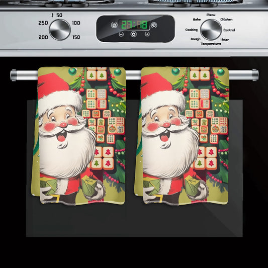 Festive Fun Mahjong Christmas Dishtowels, Hostess Gifts, Merry Mahj Tree And Vintage Santa