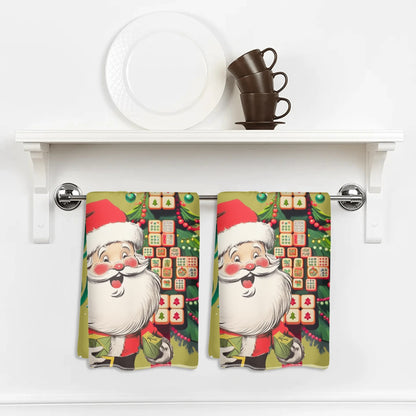 Festive Fun Mahjong Christmas Dishtowels, Hostess Gifts, Merry Mahj Tree And Vintage Santa