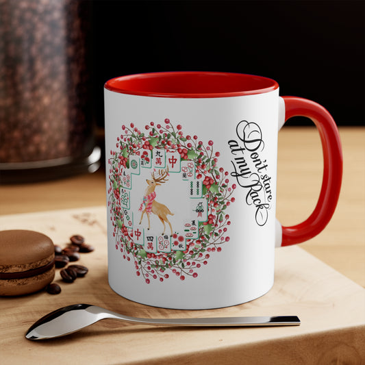 Funny Mahjong Christmas Mug, Don't Stare At My Rack, Mahj Tiles, Reindeer, Festive Mahj Mug for Holiday Cheer - 11oz Accent Mug, Gift for