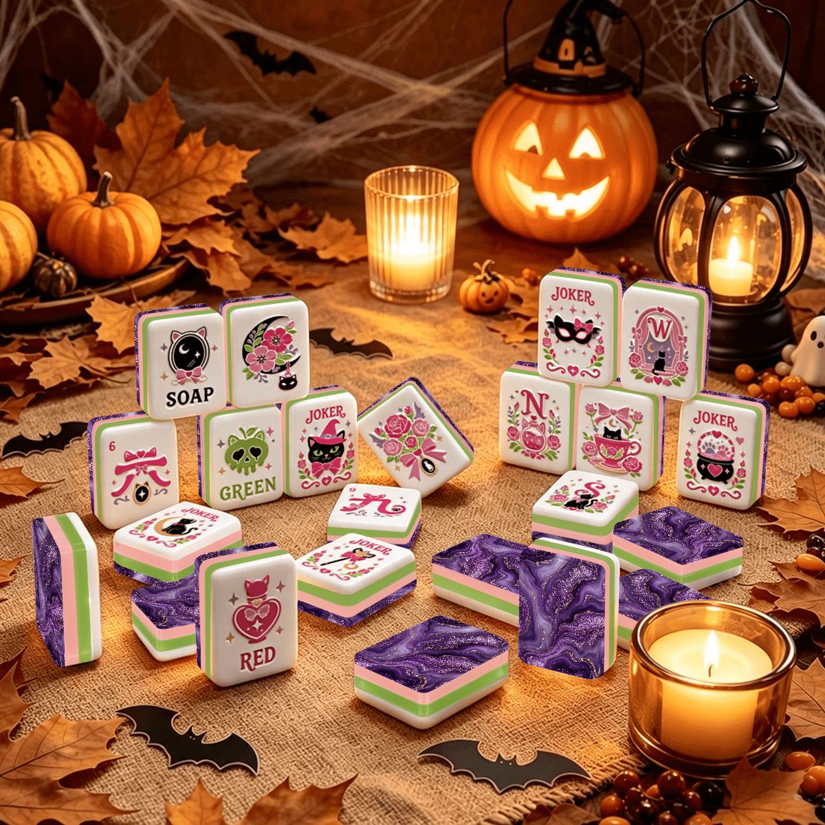Halloween Mahjong Engraved Layered Tiles, Purple Potion Ghoulish Nights