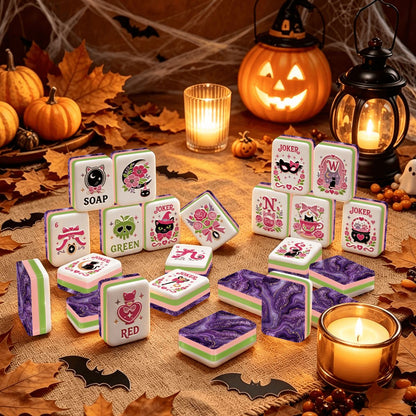 Halloween Mahjong Engraved Layered Tiles, Purple Potion Ghoulish Nights