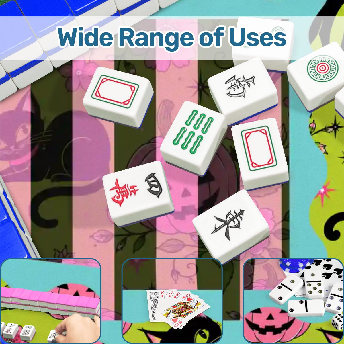 Halloween Kitty Cat Brigade Green And Pink Mahjong Mat - Splash Of Mahj And Color Co.
