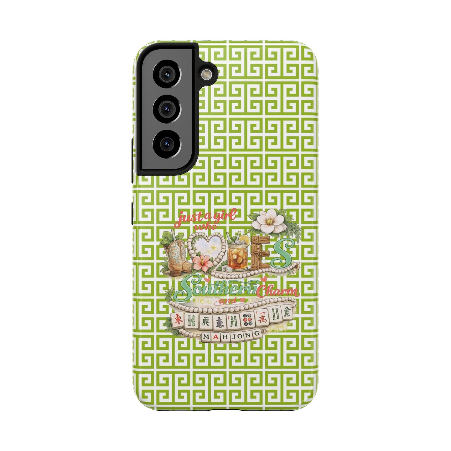 Mahjong Floral Pattern Just A Girl Who Loves Southern Charm and Mahjong Phone Case | Green Geometric Background - Splash of Color Co.