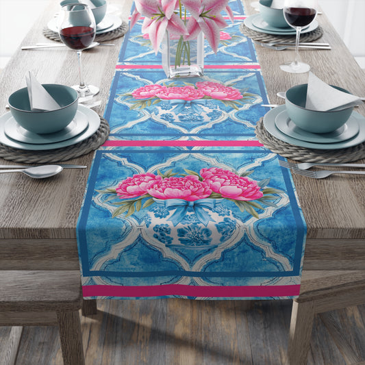 Pink Peony Floral Tile Table Runner — Blue Moroccan Watercolor Pattern - Splash of Color Co.