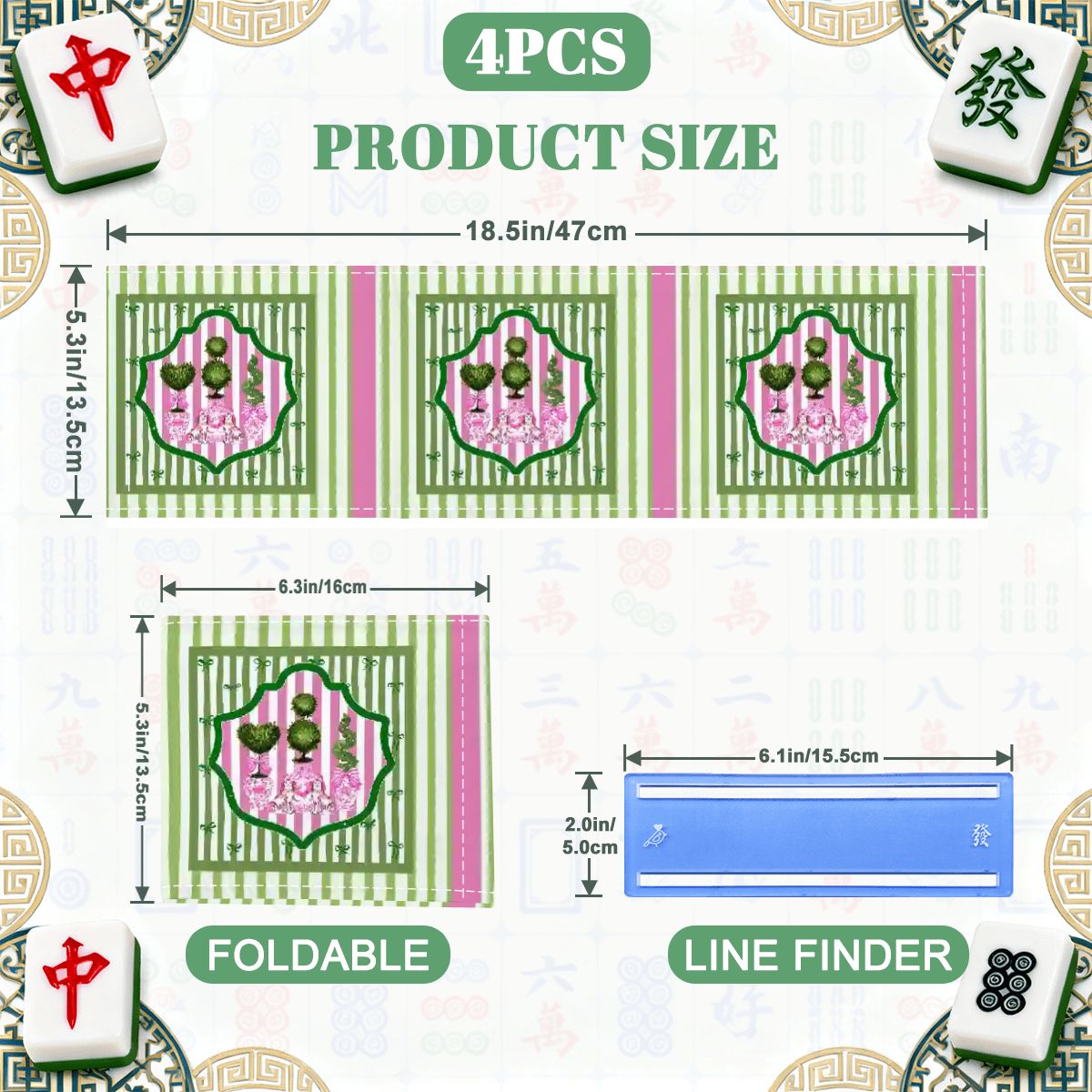 Staffordshire Preppy Pink Green Striped 4 Mahjong Card Holder with Line Finder - Splash of Color Co.