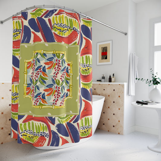 Vibrant Floral Heritage Shower Curtain - Boho Bathroom Decor,  Citrus Green, Blue, Coral Boho Bath Decor