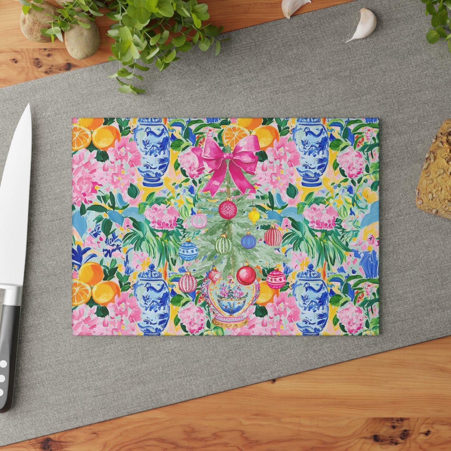 Christmas Chinoiserie Floral Festive Floral Glass Cutting Board - Holiday Kitchen Decor - Splash of Color Co.