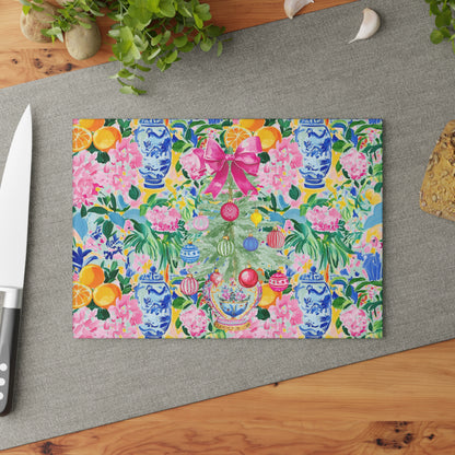 Christmas Chinoiserie Floral Festive Floral Glass Cutting Board - Holiday Kitchen Decor - Splash of Color Co.