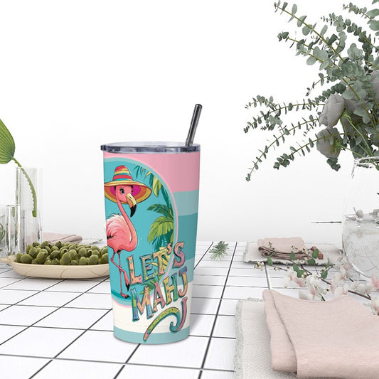 Let's Mahj, Whimsical Tropical Flamingo Mahjong Stainless Steel Insulated Tumblers with Lid & Straw