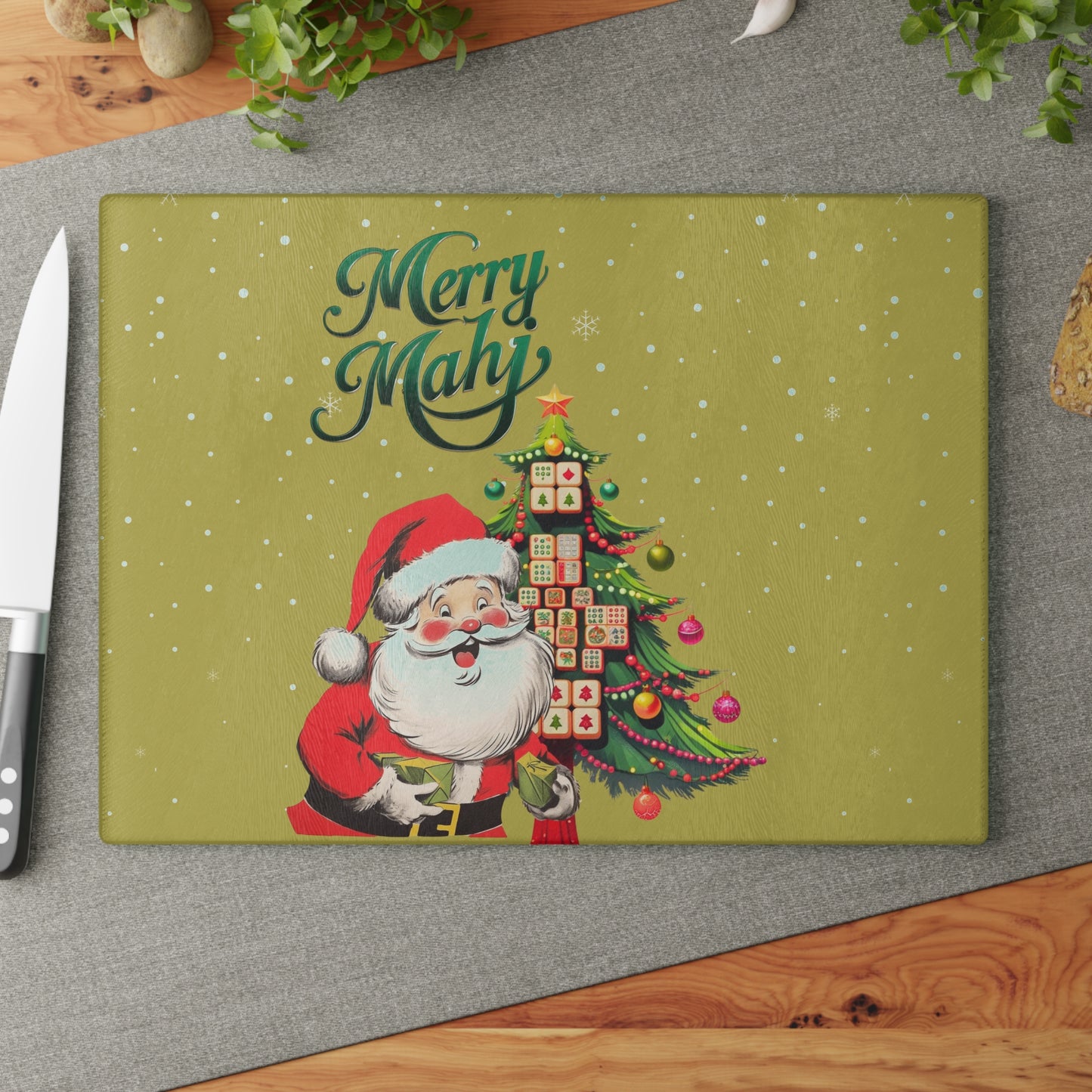 Mahjong Christmas Jolly Santa Merry Mahj Serving Cutting Board