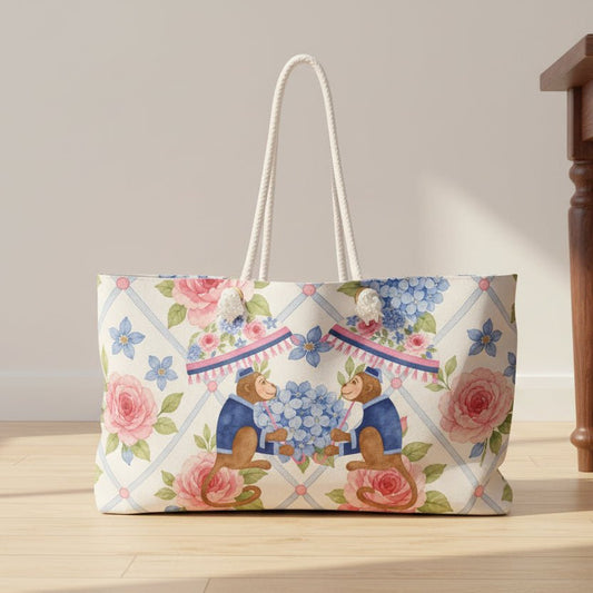 Vintage Watercolor Monkeys with Flowers Weekender Bag | Floral Travel Tote - Splash of Color Co.