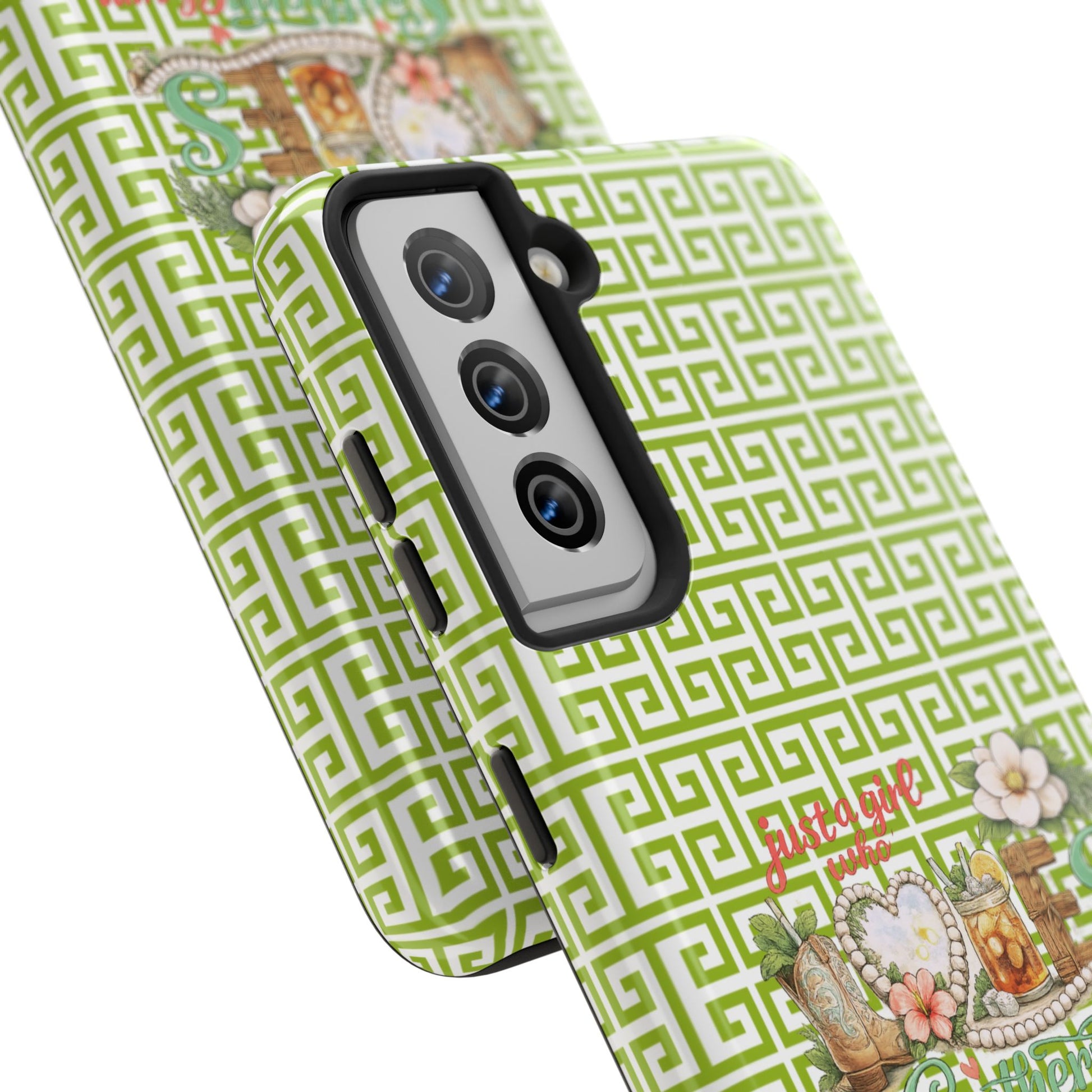 Mahjong Floral Pattern Just A Girl Who Loves Southern Charm and Mahjong Phone Case | Green Geometric Background - Splash of Color Co.