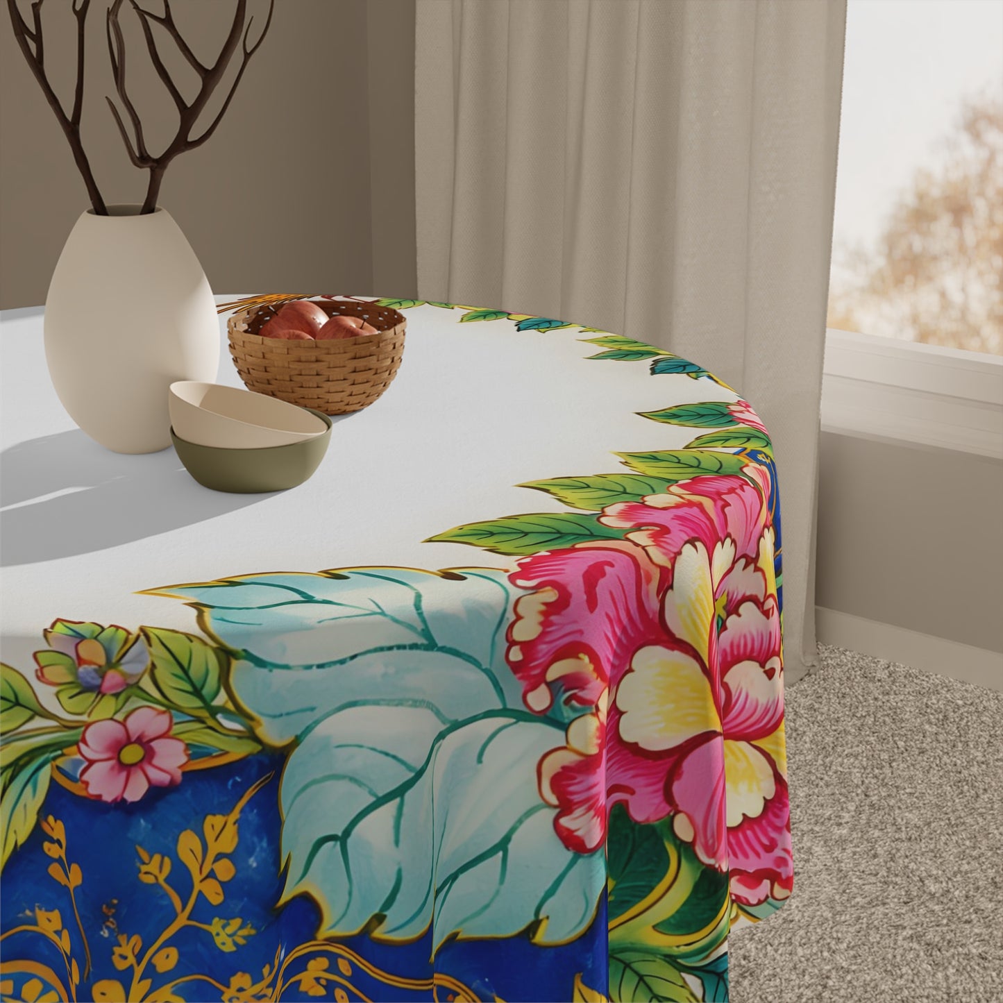 Tobacco Leaf Floral Bird Border Tablecloth — Vibrant Vintage - Inspired Dining Linen - Splash of Color Co.