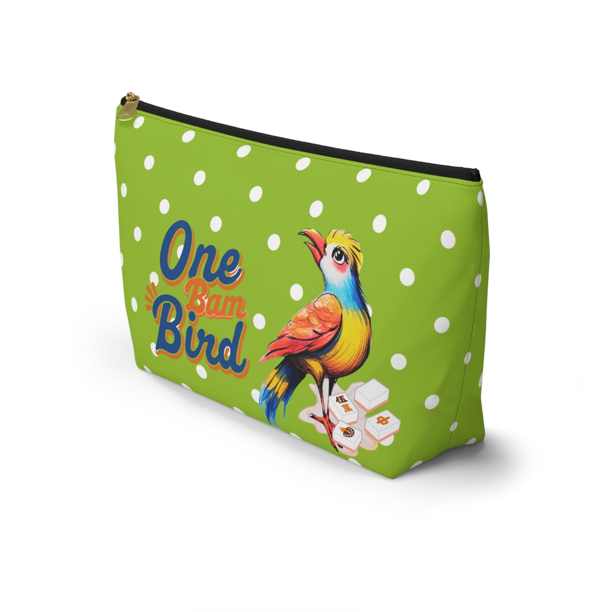 Whimsical Mahjong Tile Tote Pouch, Green Citrus Polka Dot One Bam Bird Colorful Bird Mahj Gift - Splash of Color Co.