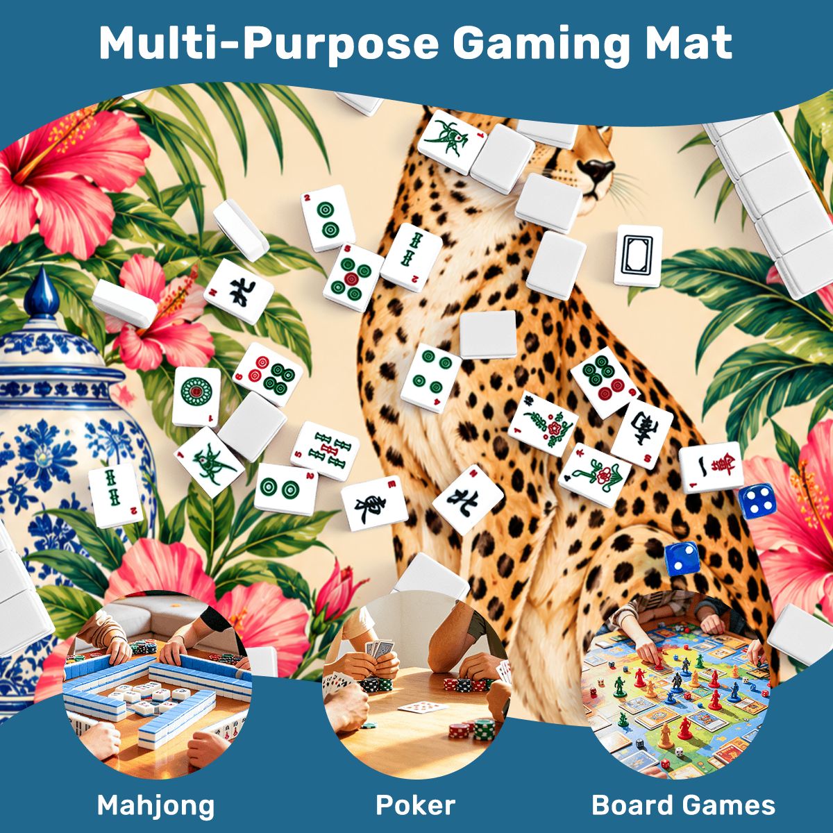 Wild Side Leopard Print Chinoiserie Mahjong Mat Sleek Surface - Splash Of Mahj And Color Co.