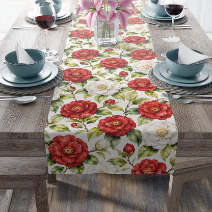 Red & White Camellia Floral Table Runner — Decorative Cotton - Poly Dining Accent - Splash Of Mahj And Color Co.