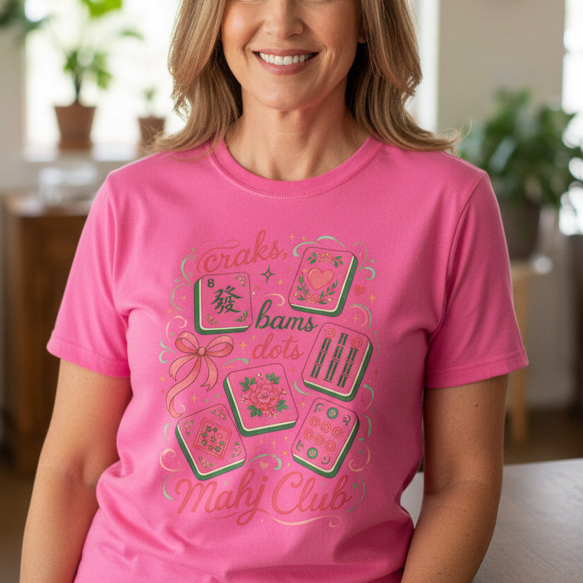 Mahjong Club T-Shirt — Cute Mahjong Tiles Graphic Tee (Crak! Bams Dots)