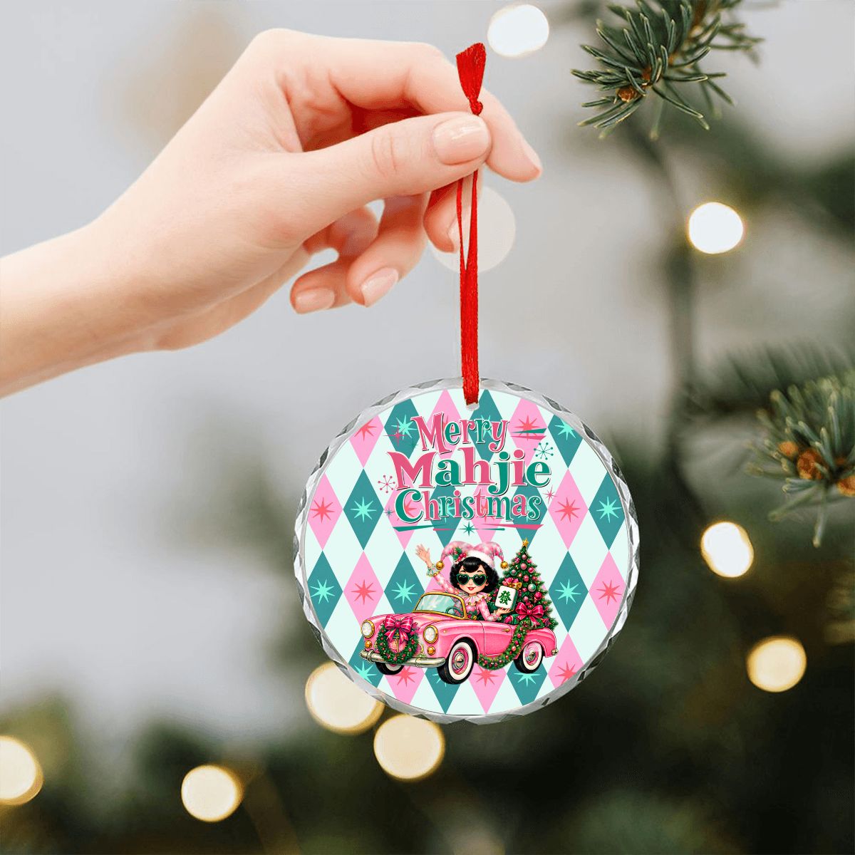 Merry Mahjie Christmas Pink And Teal Harlequin Round Glass Christmas Ornament