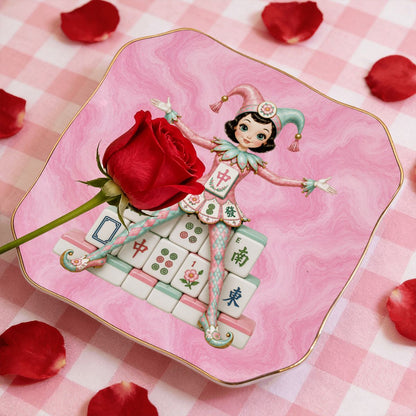 Mahjie The Mascot Pink Marbled Scalloped Ceramic Mahjong Dice Tray