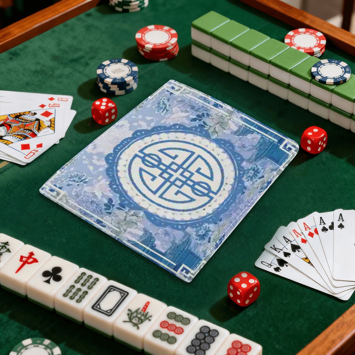 Asian Blue Chinoiserie Mahjong in the Moon Garden 4 Mahjong Card Holder with Line Finder - Splash of Color Co.