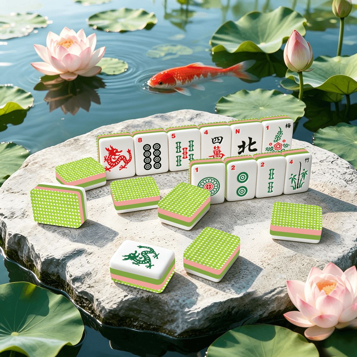 Lime Green Vintage Cane Back 4 Layer American Mahjong Tiles Set And Carry Case - Splash Of Mahj And Color Co.