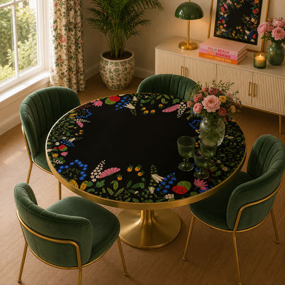Boho Wildflower Black Round Mahjong Mat