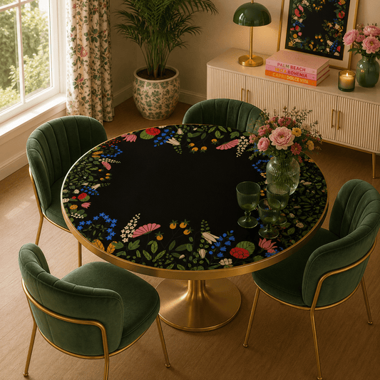 Boho Wildflower Black Round Mahjong Mat - Splash Of Mahj And Color Co.