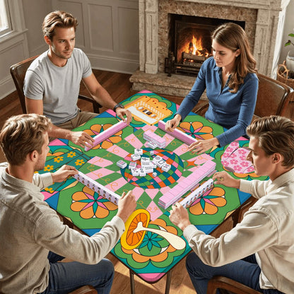 Disco Fever, Nostalgic 70s Green Orange Floral Mahjong Mat