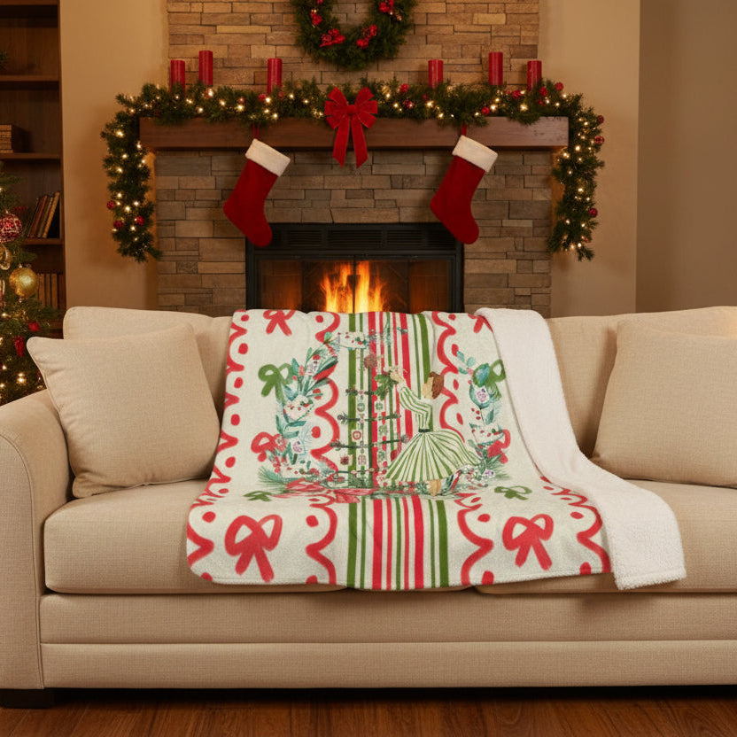 Mahjong Books and Nooks Vintage Christmas Wreath Holiday Seasonal Sherpa Blanket