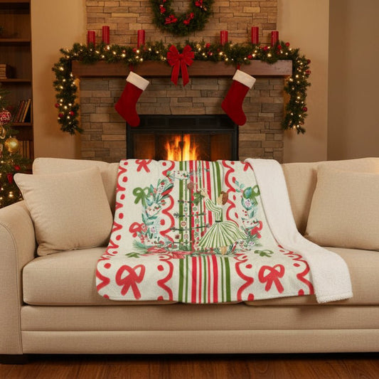 Mahjong Books and Nooks Vintage Christmas Wreath Holiday Seasonal Sherpa Blanket - Splash Of Mahj And Color Co.