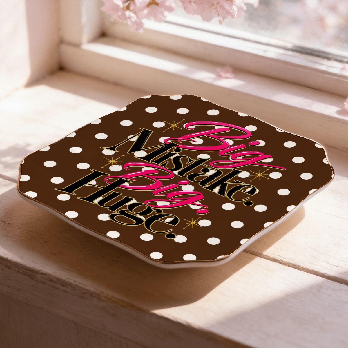 Brown And White Polka Dot, Big Mistake Funny Scalloped Ceramic Mahjong Dice Tray - Splash Of Mahj And Color Co.