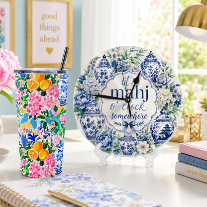 It's Mahj O'Clock Somewhere, Ginger Jar Floral Blue Chinoiserie Wall Or Desk Clock Including Stand - Splash Of Mahj And Color Co.