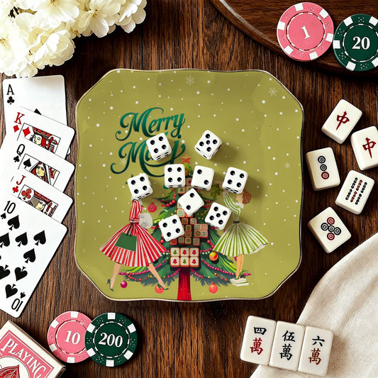 Merry Mahj Christmas Scalloped Ceramic Mahjong Dice Tray - Splash Of Mahj And Color Co.