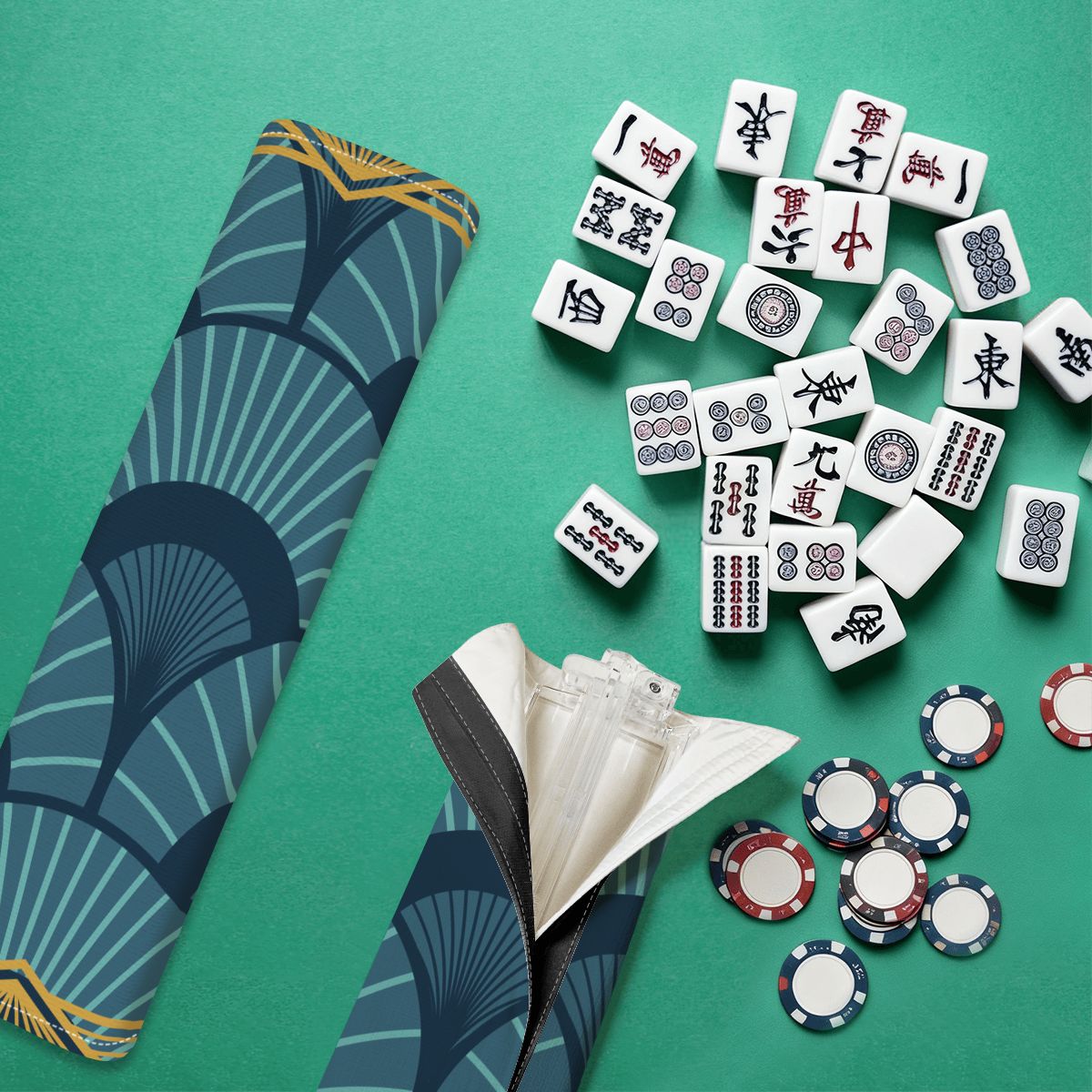 Art Deco Blue Gold Gilded 4 Mahjong Tile Pusher Racks with Bag - Splash of Color Co.