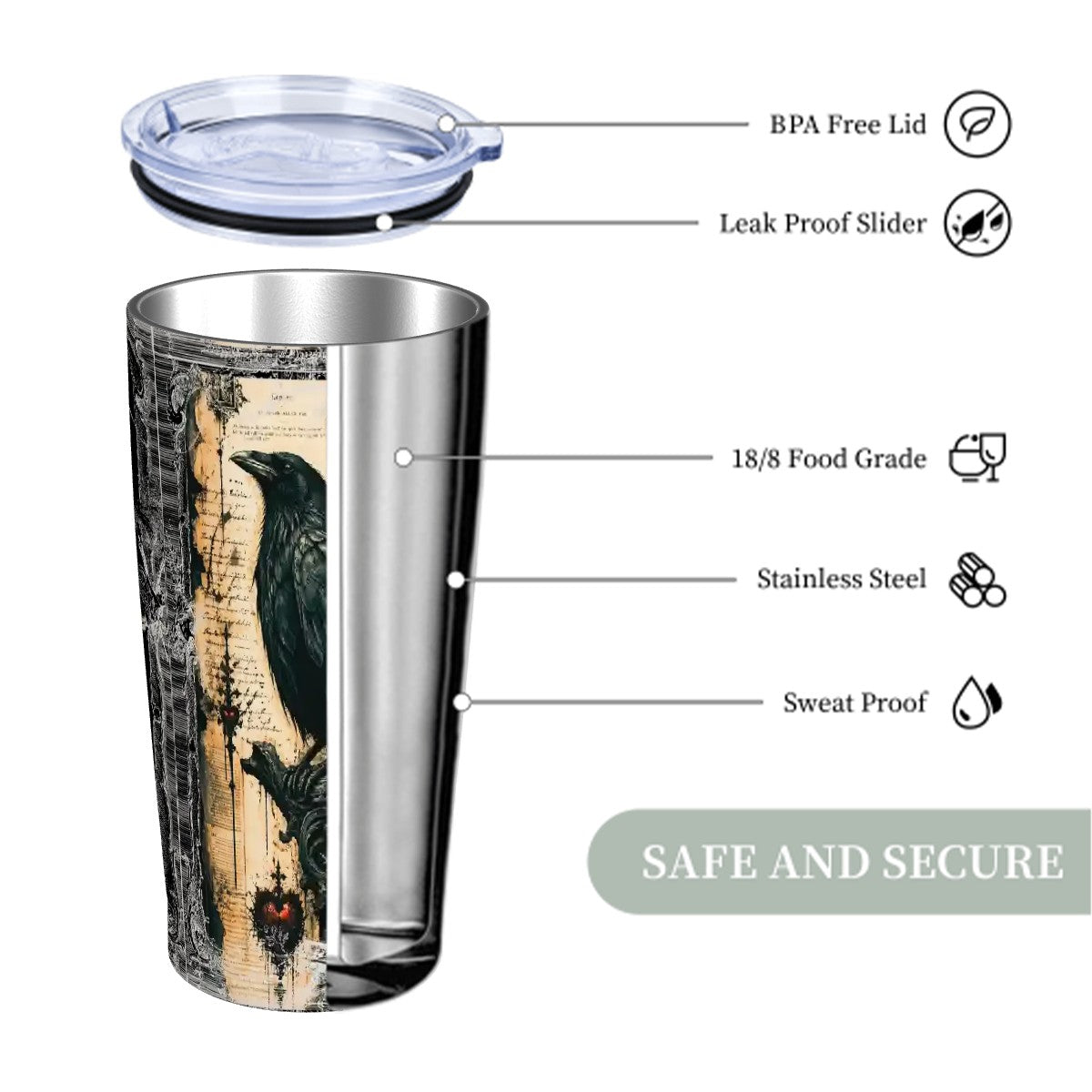 Edgar Allen Poe Raven Gothic Stainless Steel Insulated Tumblers with Lid & Straw