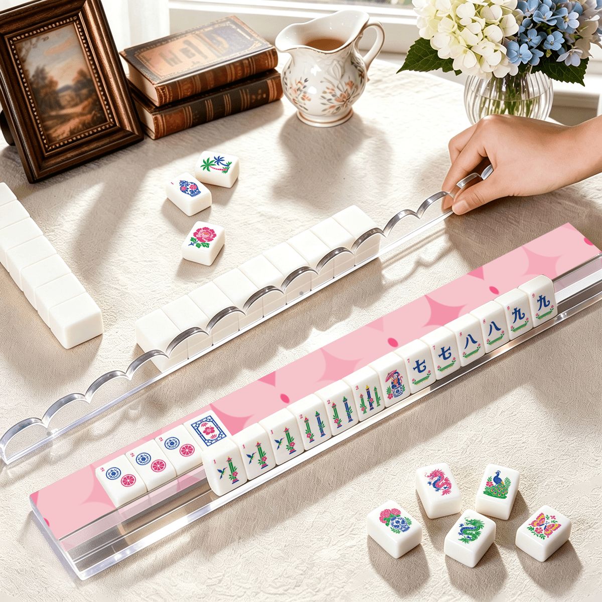 Bubblegum Pink Extended Mahjong Rack Set of 4 Scalloped Magnetic Tile Pusher 20' - Splash Of Mahj And Color Co.